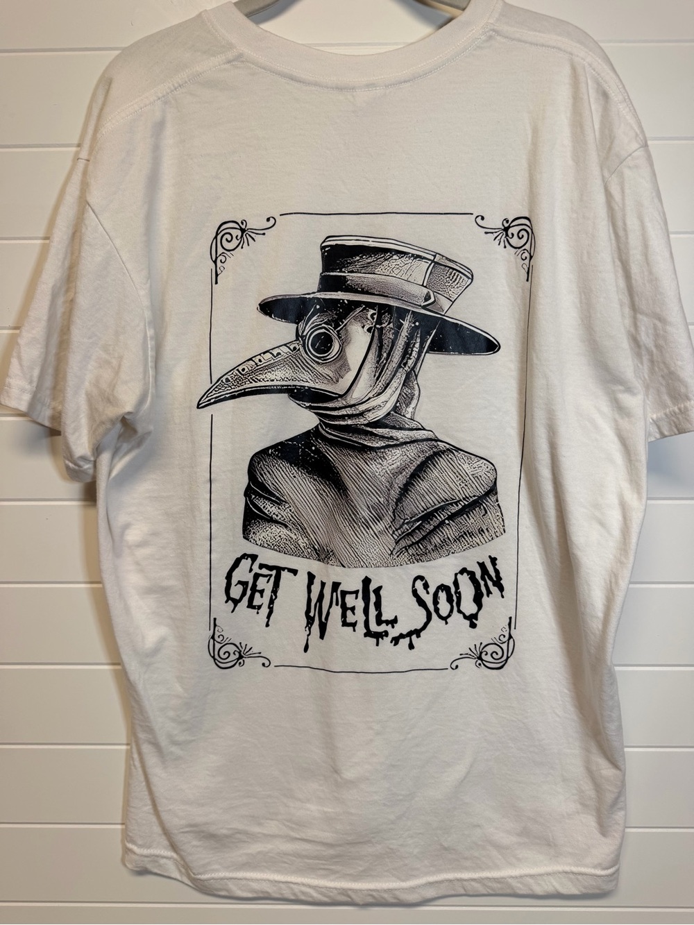 White Graphic Plague Doctor T-Shirt - Get Well Soon, Large